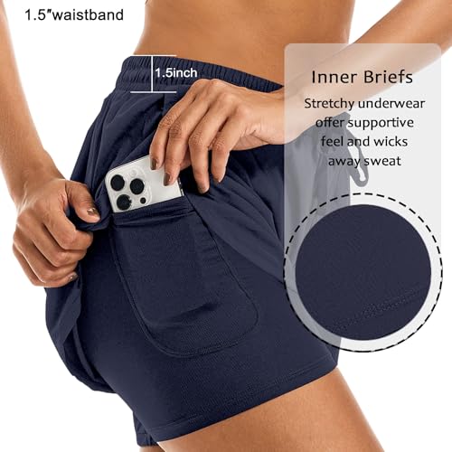 Women's 2 in 1 Athletic Running Shorts Quick Dry Workout Casual Gym Sweat Shorts Mesh Comfy Liner Zipper Pockets3
