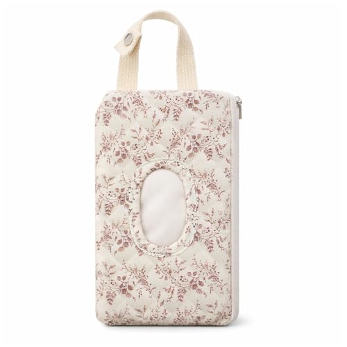 Hadnves Quilted Diaper Wipe Pouch Hanging Floral Wet Wipes Bag Reusable Fabric Cover with Zipper & Lanyard for Car Daily Casual Travel Mommy Bag (B)