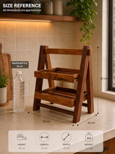 Image of Solid Wood 2-Tier Kitchen Organizer | Acacia Wood Vegetable & Fruit Storage Rack | Onion & Potato Basket Stand | Pre-Assembled