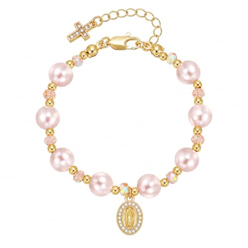 KSF Kids Pink Pearl Beads Bracelet - 14K Gold Plated Virgin Mary Bracelet - image 1