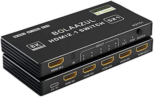 8K HDMI 2.1 Switch 120Hz 4K 5 in 1 Out, BolAAzuL 8K@60Hz HDMI 2.1 Splitter Switcher Selector Box 5-Port with Remote 4K 120Hz 2K 144Hz, HDMI 5x1 HDR, 48Gbps, CEC, Dolby Vision, for Xbox Series X PS5