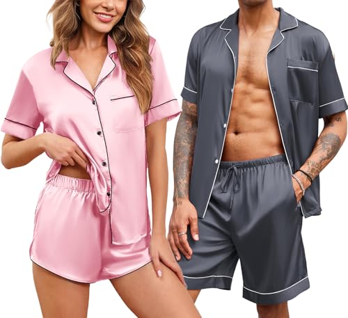 Ekouaer Silk Matching Pajamas Sets for Couples Satin Pj Shorts Sets 2 Piece Summer Loungewear Button Down Pjs with Pockets S-XXL Dark Grey