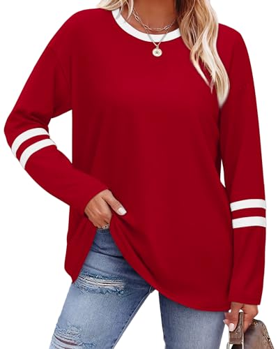 Womens Long Sleeve Tops Color Block Long Sleeve Shirts for Women Early Fall Fashion School Outfits for Teachers Business Casual Tops Trendy Clothing Sporty Fall Outfits for Women 2025 Clothes Red M
