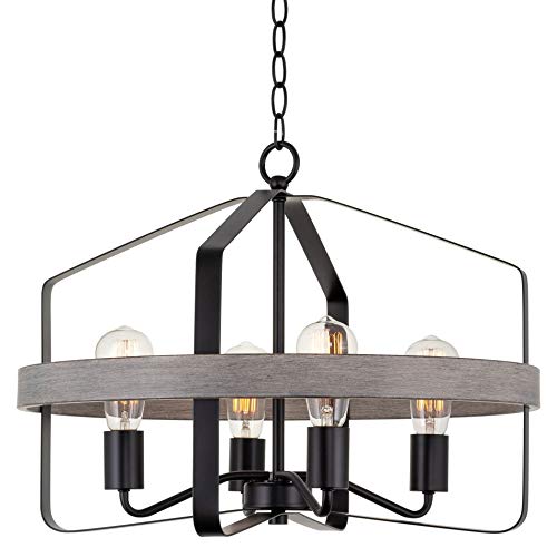 Kira Home Ridgecrest 21" 4-Light Farmhouse Pendant Chandelier, Gray Oak Wood Style + Black Finish