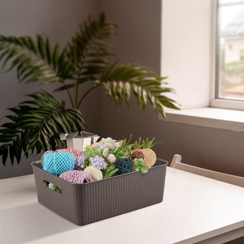 Image of Kolorr Ribbed Baskets Medium Pack of 1 With 1 Standard Lid (Non-Airtight Loose-Fit Cover) Multipurpose Plastic Storage Baskets For Cloths Wardrobe Home Kitchen & Livingroom I Dark Brown