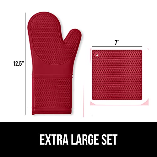 Gorilla Grip Premium Silicone Oven Mitt and Pot Holder 4 Piece Set, Includes 2 Slip Resistant Flexible Kitchen Cooking Mitts and Trivet Mats, Gloves and Potholders for Use on Hot Surfaces, True Red