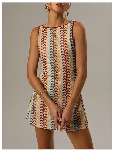 GORGLITTER Women's Color Block Crochet Boho Bodycon Mini Dress Summer Peasant Vacation Sleeveless Tank Sundresses 20254
