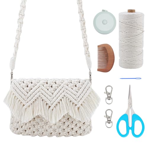 WEBEEDY Kit de bolsa de macramê DIY com borlas, kit de confecção de bolsa transversal bege para adultos iniciantes, conjunto de bolsas de ombro com nó DIY com tutorial em vídeo, cordão de macramê de 3