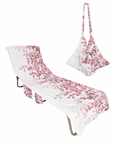 Pink Eucalyptus Leaves Beach Chair Towel Covers for Chaise Lounge with Side Pocket, Soft Plush Pool Towels Cover for Patio Sunbathing Outdoor 29''x85'' Abstract Watercolor Branches