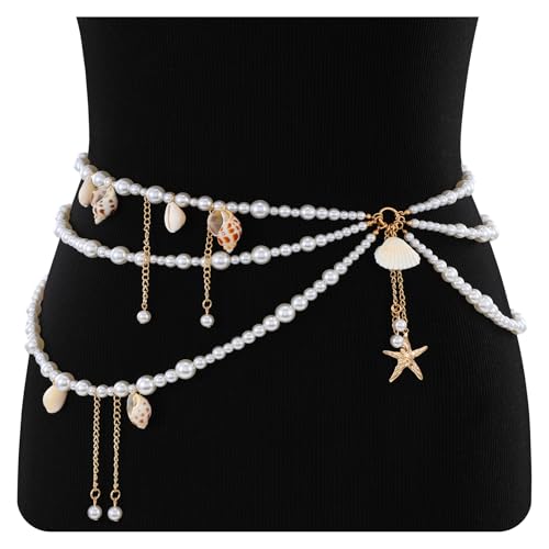 XZQTIVE Starfish Pearl Waist Chain Belts for Women Mermaids Seashell Pearl Belly Chain Gold Pirate Rave Festival Summer Bikini Beach Jewelry Accessories