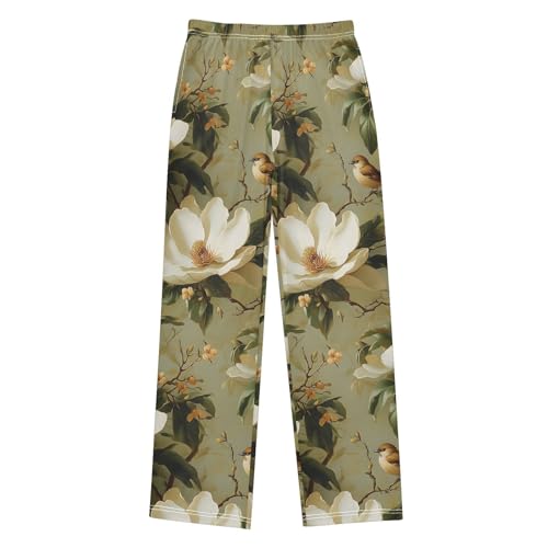 Magnolia Flowers Pattern Pajama Pants Long Sleep Pant Soft PJ Bottoms Sleepwear