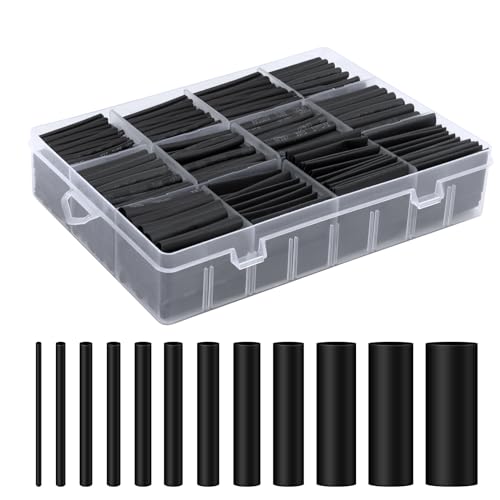 VMUTGA 900 Piezas Tubos Termorretráctiles, 12 Tamaños Tubo Termorretráctil Negro Relación de Contracción 2:1 Kit de Surtido de Tubo Térmico Funda Termoretractil para Cables Aislamiento Eléctrico