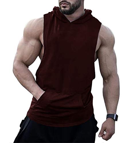 URRU Men's Muscle Sleeveless Hoodies Gym Bodybuilding Stringer Tank Tops Wine Red XL