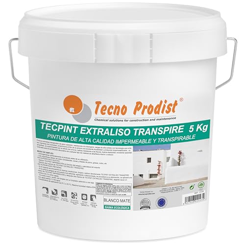 Tecno Prodist - TECPINT EXTRALISO TRANSPIRE (5 Kg) Pintura ecológica, transpirable, impermeable exterior e interior al agua, acabado extraliso, Fácil Aplicación - Sin olor (BLANCO)