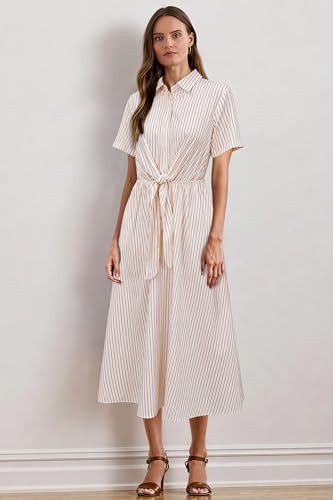 Image of Newshows Women's Work Business Casual Outfits Tie Waist Midi Shirt Dress | Lightweight & Breathable Easy-care Fabric, Side Pockets, Decent Professional Attire, Church Office Funeral Outfits