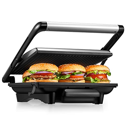 FOHERE Kontaktgrill Panini Maker 2000W Sandwichtoaster Elektrogrill für Panini, Toasts und Steak, Extra Groß Antihaftbeschichtete Platten, Edelstahlgehäuse, Silber