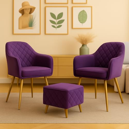 Image of Barfi Velvet Dining Chair | Set of 2 Premium Modern Upholstered Accent Chair with Armrest, Padded Seat and Metal Legs | Comfy Chair for Home, Office & Restaurents | (Purple with Puffy)