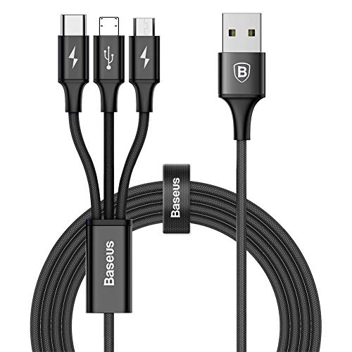 Cable Multi USB, Cable Multi Chargeur, Baseus 3 en 1 1.2M Micro USB/Câble Foudre/USB Type C en Nylon Tressé pour Tous Les Smart Phone