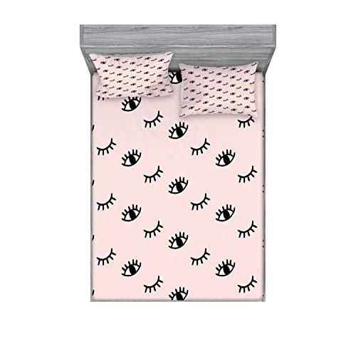 Ambesonne Eyelash Fitted Sheet & Pillow Sham Set, Doodle Style Open and Closed Eyes Hand Drawn Sketch Abstract Kids Design, Decorative Printed 3 Piece Bedding Decor Set, Calking, Rose Black
