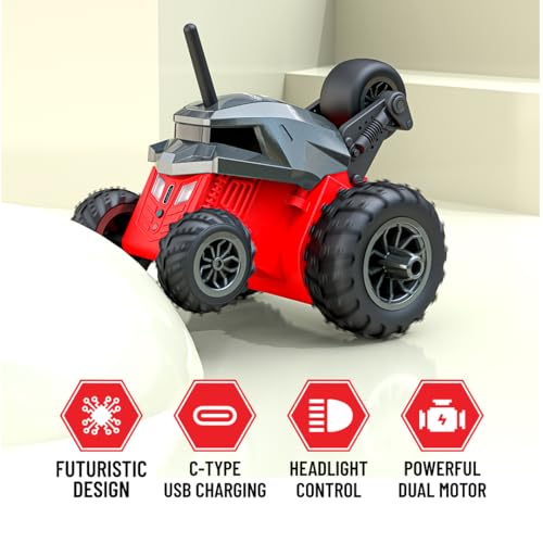 Image of Mirana Warrior 360 Rotating Stunt RC Car | High Speed Remote Control Vehicle | USB Type-C Rechargeable Toy for Kids for Boys and Girls | Made in India (Grey Red)
