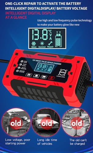 Image of 6A 12V Car Battery Charger, Car Battery Charger with 10 Levels Charging and LCD Display for LiFePO4, AGM, Gel, SLA and Lead-Acid Batteries