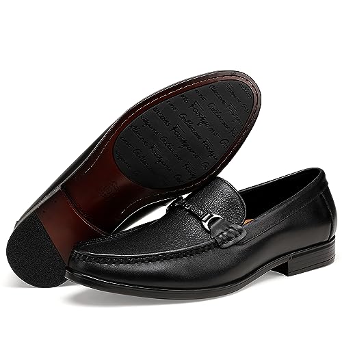 Image of Black Leather Dress Shoes for Men, Casual Metal Buckle Formal Business Shoes Wedding Slip on Loafer Party Dress Shoes