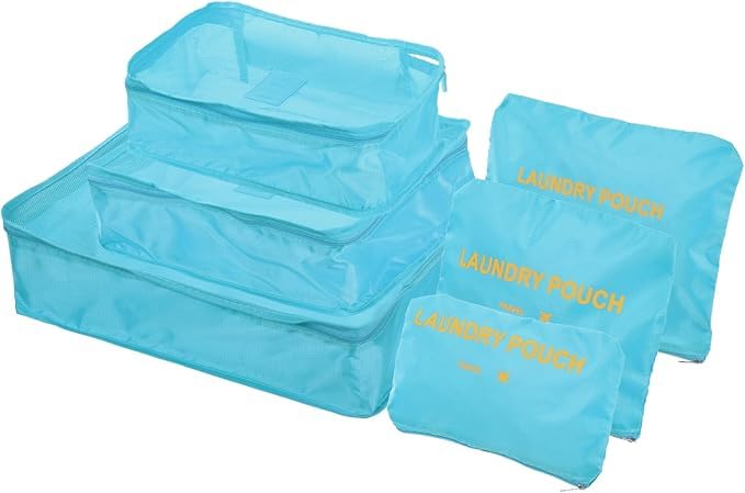 Image of Handcuffs Travel Organizer Packing Cubes for Travel | Set of 6 Laundry Bags with Zippers and Mesh Panels | Luggage Organizer for Women | Useful Travel Gift Idea| Blue Cubes