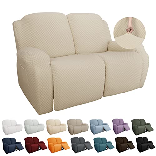 Image of YEMYHOM 6 Pieces Stretch Loveseat Recliner Slipcover Jacquard Recliner Sofa Cover with Side Pocket Fitted Recliner Cover Couch Furniture Protector with Elastic Bottom (Loveseat Recliner, Beige)