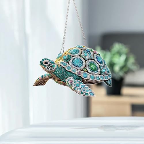 Image of DIY Oversized Diamond Painting Sea Turtle Hanging Ornament Kit - 5D Crystal Turtle Wall Art Craft with Chain - Ocean Animal Diamond Art Suncatcher Decoration for Home Window Door Balcony Gift Idea