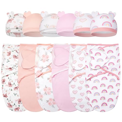 Image of Ramede 6 Pack Swaddle Blanket with Hats for Baby Girl Boy 100% Cotton Swaddles 0-3 Months, Adjustable Breathable Skin Friendly Receiving Blanket Wrap, Essential for Newborns