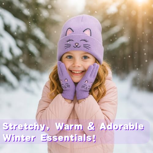 BEARAE Winter Beanie Hat Glove Set, Cute Cat Winter Hats with Gloves, Cold Weather Knitted Beanies Hats for Girls 3-12T2