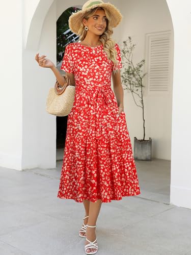 Image of Lyrur Women's Dresses Casual Summer Tiered Midi Dress Short Sleeve Belted Ruffle Babydoll Boho Sundress with Pockets