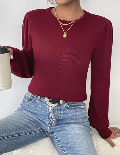 Image of Zeagoo Womens Sweaters Fall 2026 Dressy Casual Long Sleeve Shirts Ribbed Knit Winter Outfits Puff Pullover Jumper Tops