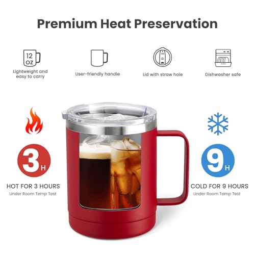 Image of MEWAY 12oz Coffee Mug With Handle 4 Pack Bulk,Stainless Steel Insulated Travel Tumblers With Sliding Lid,Double Wall Vacuum Camping Cup for Hot & Cold Drinks Tea (Red,Set of 4)