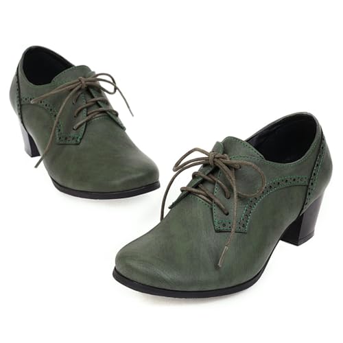 Women's Lace Up Wingtip Oxfords Pumps Block Mid Heel Round Toe Perforated Vintage Brogues Dress Shoes2