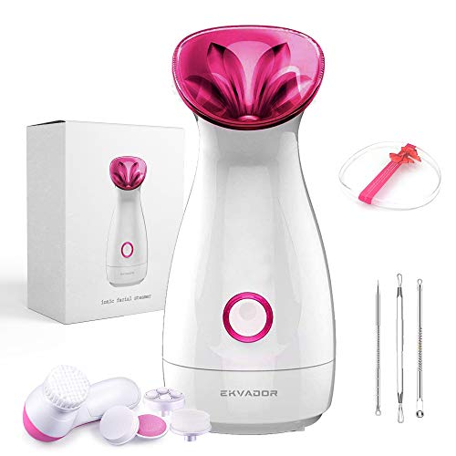 Facial Steamer Nano Ionic - Ekvador Face Steamer with 5 in 1 Face Brush - 12 Min Steam Time - Unclogs Pores - Blackheads Remover- Humidifier - Atomizer - Spa Quality - 3 Piece Stainless Steel Skin Kit