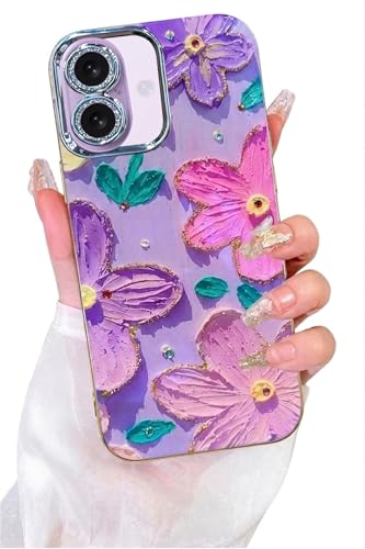 Image of Elzzi Compatible with iPhone 17 Case Oil Painting Flower Colorful with Lens Prtotection Shockproof PC+TPU Glossy Back Cover for Girls Women, Pink Purple