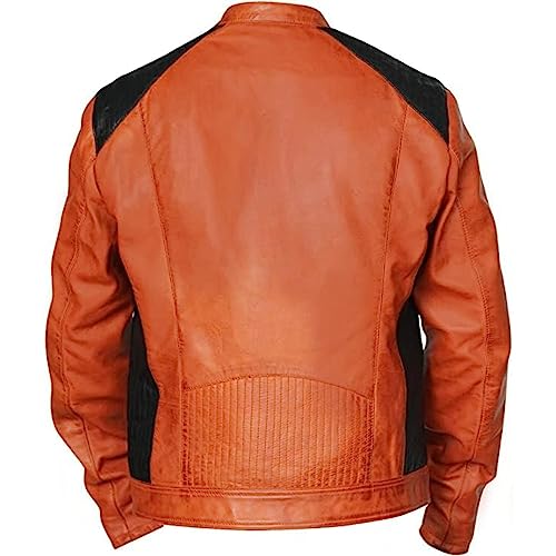 Men's Orange Genuine Sheepskin Waxed Leather Motorcycle Biker Jacket Cafe Racer Rider Casual Zipper Stylish Streetwear Coat2