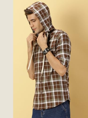 Image of Thomas Scott Men's | Checks | Full Sleeve | Regular Fit | 100% Cotton | Hooded | Casual Shirt