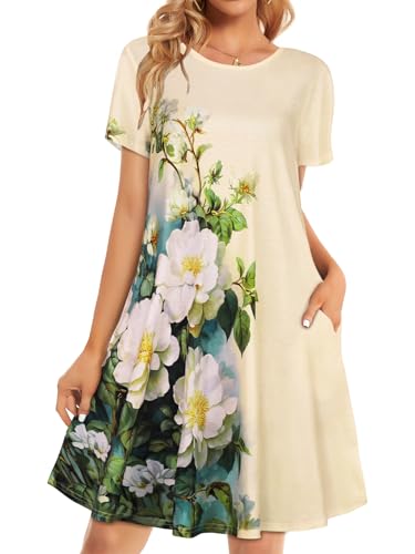 Image of Womens Summer Dresses Beach Casual Loose Tshirt Floral Short Sleeve Flowy Pockets Sundresses 2026