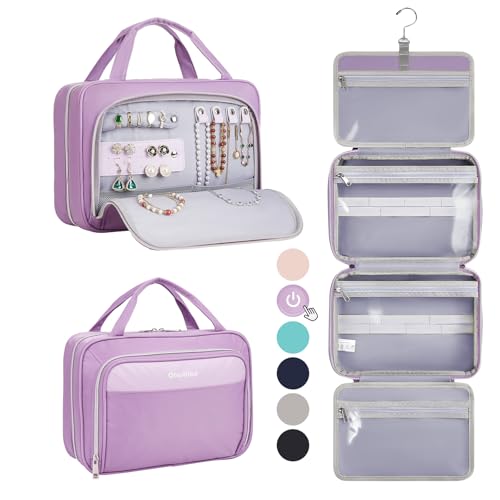 OlarHike Toiletry Bag,Large Size Waterproof Leather Hanging Bags, Makeup Jewelry 3 in 1 Essentials Travel Packing Organizers, Fulled-Sized Family Pack, Shampoo, Conditioner, Brushes Set (Purple)