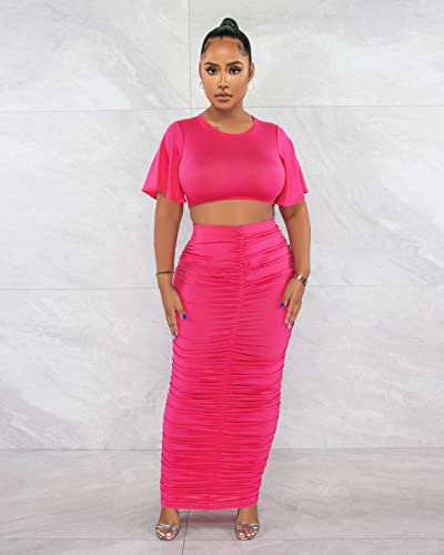 Image of YUEWOO 2 Piece Outfits for Women Sexy Crop Top Ruched Bodycon Maxi Dresses Fringe Skirt Sets Night Club Jumpsuits