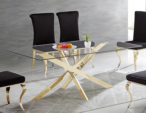 Goderfuu Modern Dining Table for 4-6 People, 51" Rectangle Dining Room Table with Gold Stainless Steel Base Rectangular Tempered Glass Dining Table, Kitchen Dining Room Tables Luxury Dinner Table