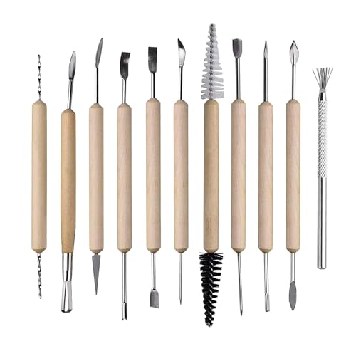 Image of S & E TEACHER'S EDITION 11 Pcs Pottery & Clay Sculpting Tools | Double-Sided, Ceramics Tools, Smooth Wooden Handles, For Trimming, Embossing Pattern