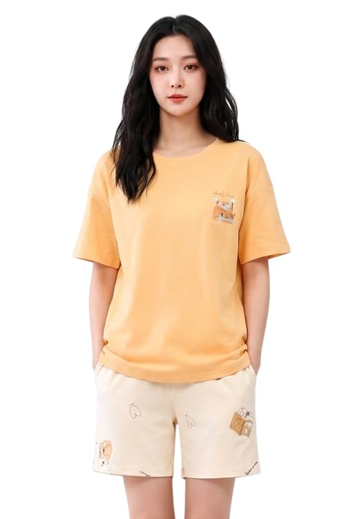 Image of Celary Korean Women's Pyjama Set|Cute Printed T-Shirt & Shorts Set|Soft Cotton Blend Women Night Suit Sleepwear| Shorts Set for Women