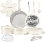 Chef Power Ceramic Nonstick Pots and Pans Set 19 Piece with Detachable Handle, Induction Dishwasher Oven Safe Cookware Set, RV Kitchen Set Removable Handle, Granite Grey and White