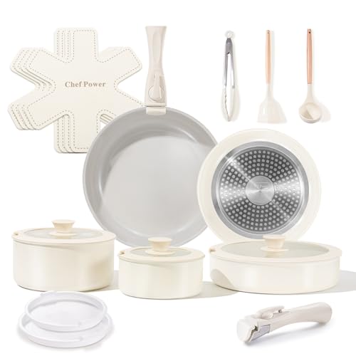 Chef Power Ceramic Nonstick Pots and Pans Set 19 Piece with Detachable Handle, Induction Dishwasher Oven Safe Cookware Set, RV Kitchen Set Removable Handle, Granite Grey and White by Chef Power - Used condition - US$56.85