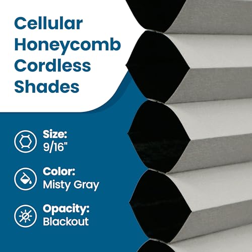 BlindsAvenue Cellular Honeycomb Cordless Shade, 9/16" Single Cell, Blackout, Misty Gray, Size: 67.5" W x 48" H