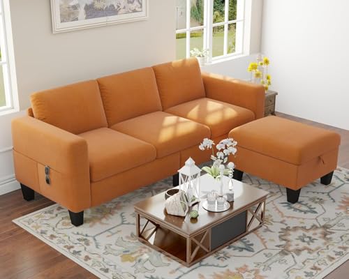 Image of SRMS Sectional Couches for Living Room 78 inch L Shaped Sofa with Storage Ottoman | Free 3 - Pillows | Sofa Set for living Room, Office, Hotel | Modern Classic 3 Seater Sofa Set | Orange