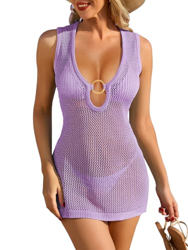 Image of FAIRY SEASON Womens Crochet Cover Ups Knit Hollow Out Sleeveless Dress Swimsuit Bathing Suit Coverup 2026 for Beach Pool